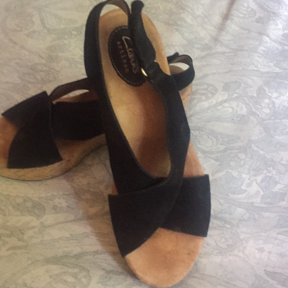 Clark size 8 black suede leather wedges